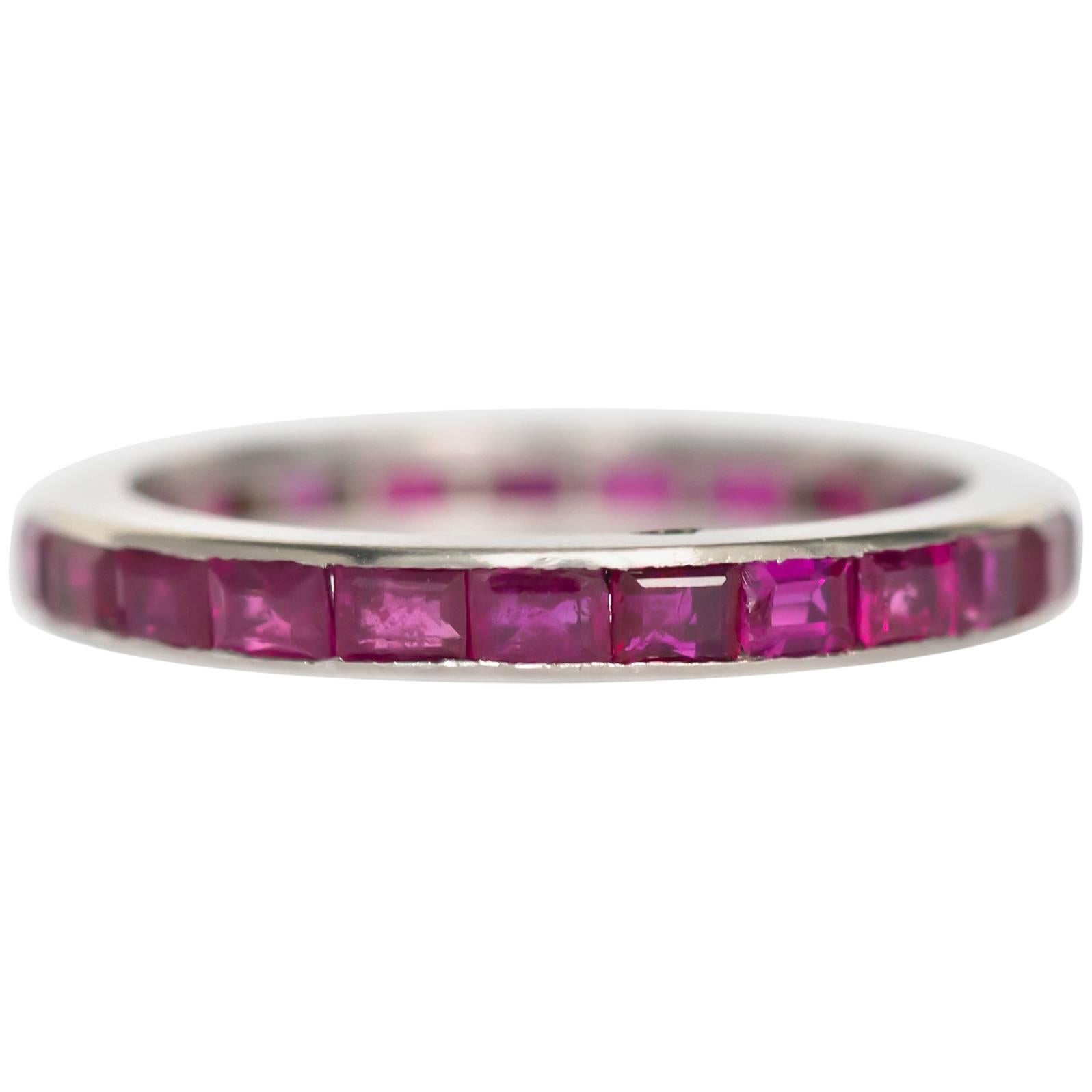 1940s Art Deco 1.50 Carat, Total Weight Ruby & 18K White Gold Wedding Band For Sale