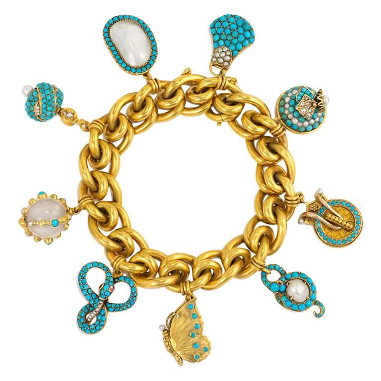 Antique Gold Bracelet with Assorted Turquoise and Pearl Charms