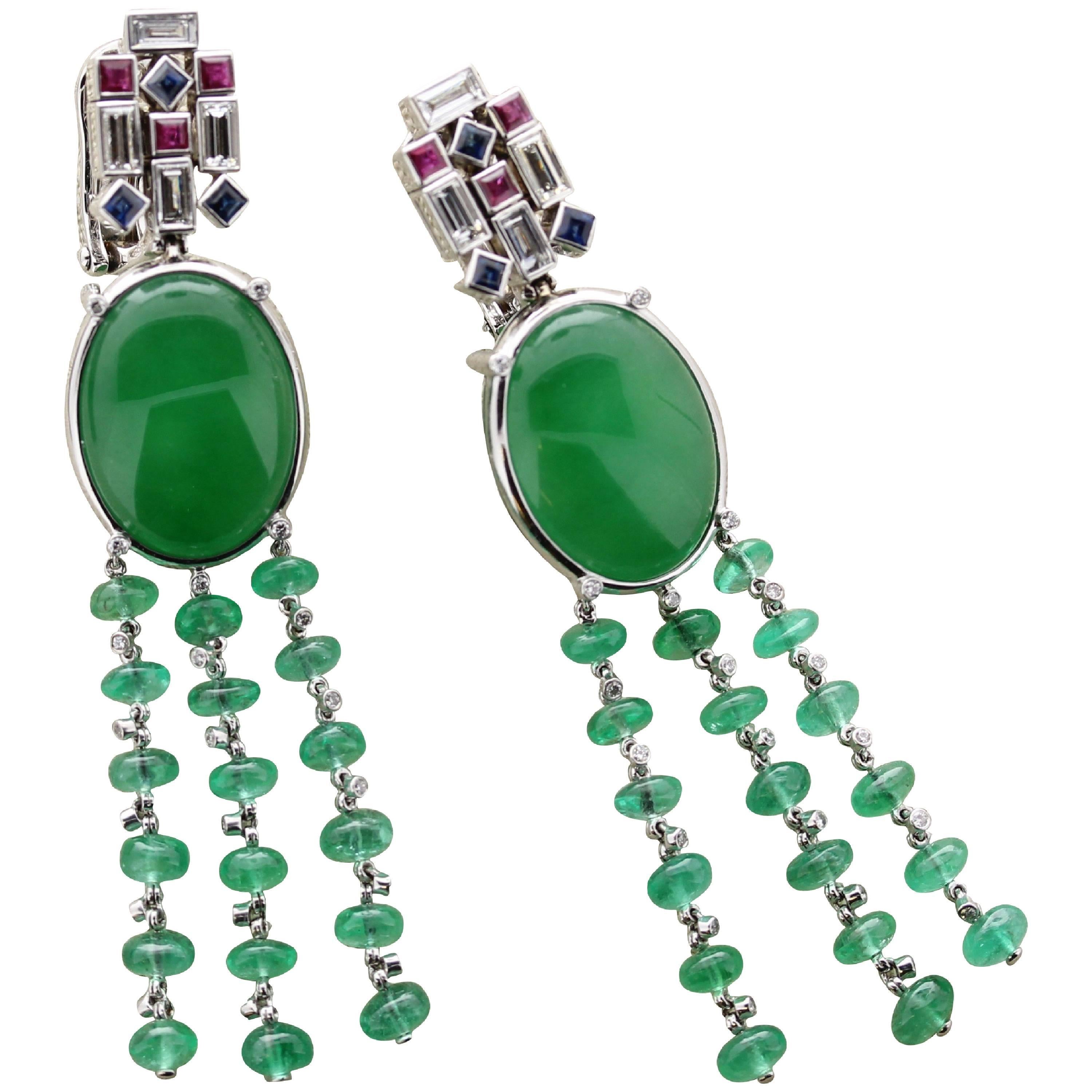 Bulgari Jade Chandelier Style Earrings with Diamonds, Rubies and Sapphires