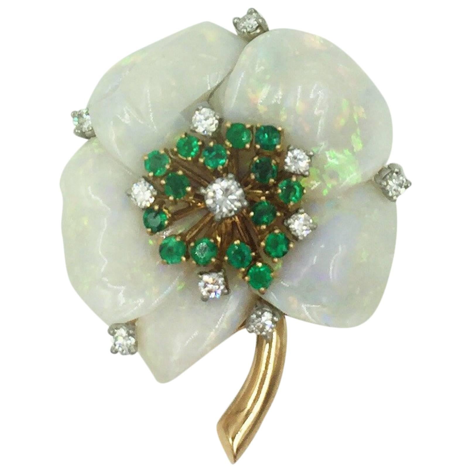 Mother-of-Pearl Diamond and Emerald Vintage Brooch
