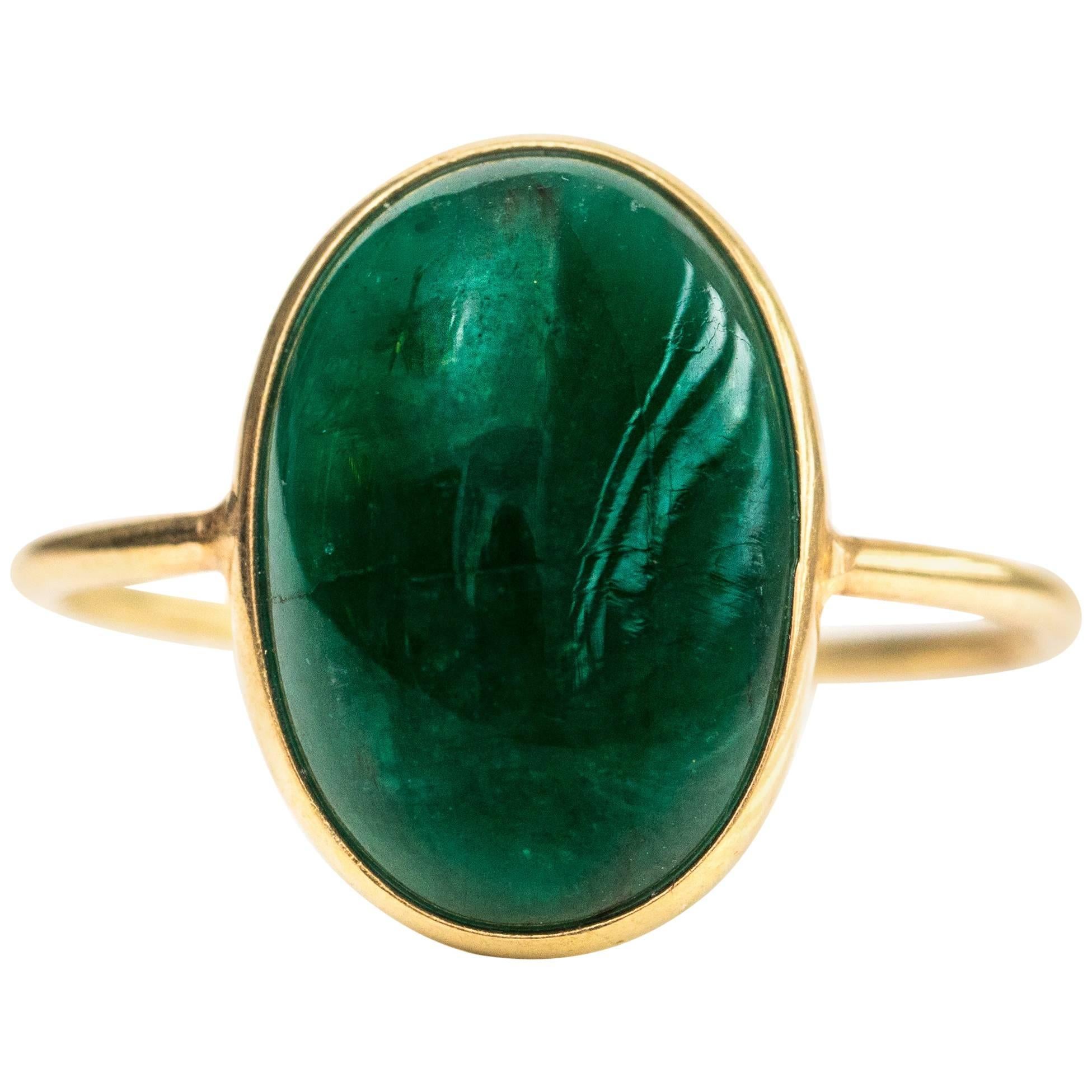 4.5 Carat Oval Emerald Cabochon and 18 Karat Yellow Gold Ring