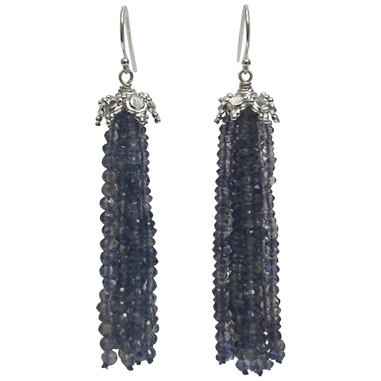 Iolite Tassel Earrings with 14 White Gold Cup and Hook by Marina J For