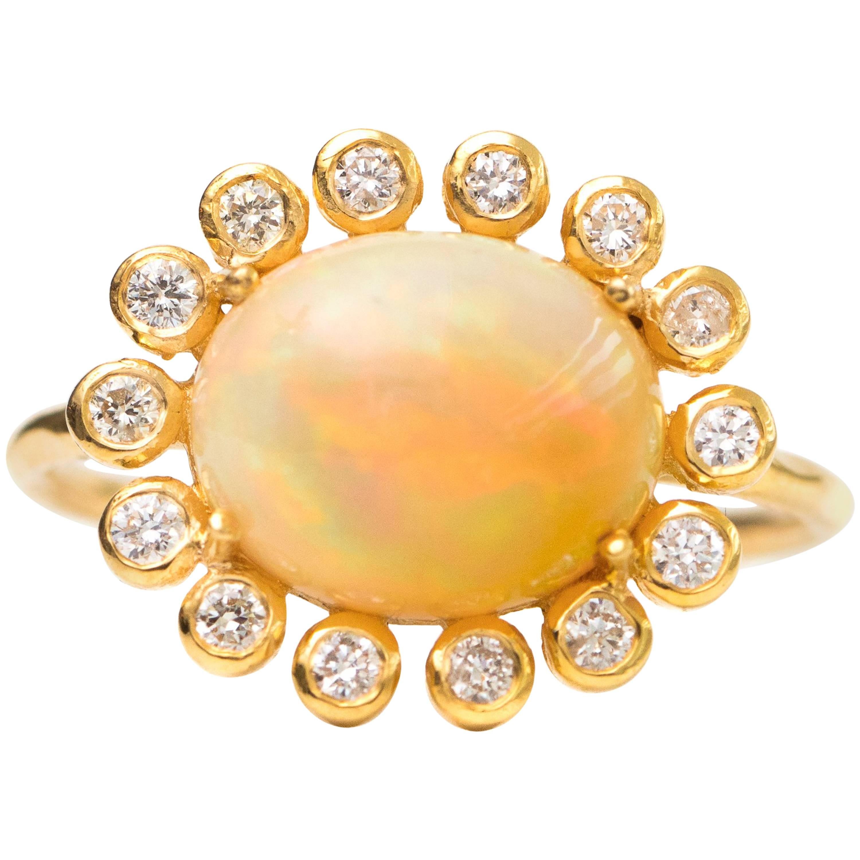 2.7 Carat Opal with Diamond Halo, 18 Karat Yellow Gold Ring For Sale