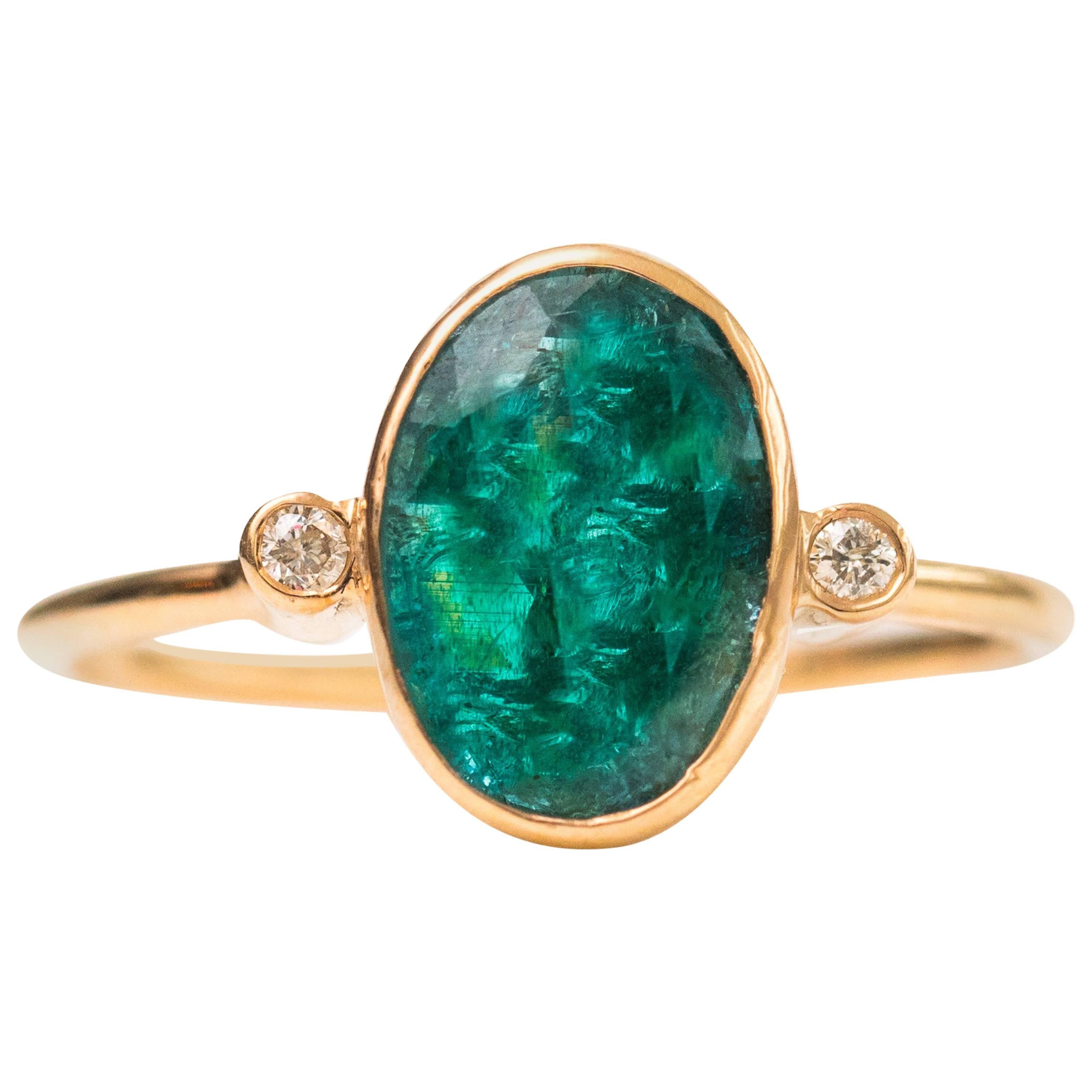 1.8 Carat Oval Emerald with Diamonds and 18 Karat Yellow Gold Ring