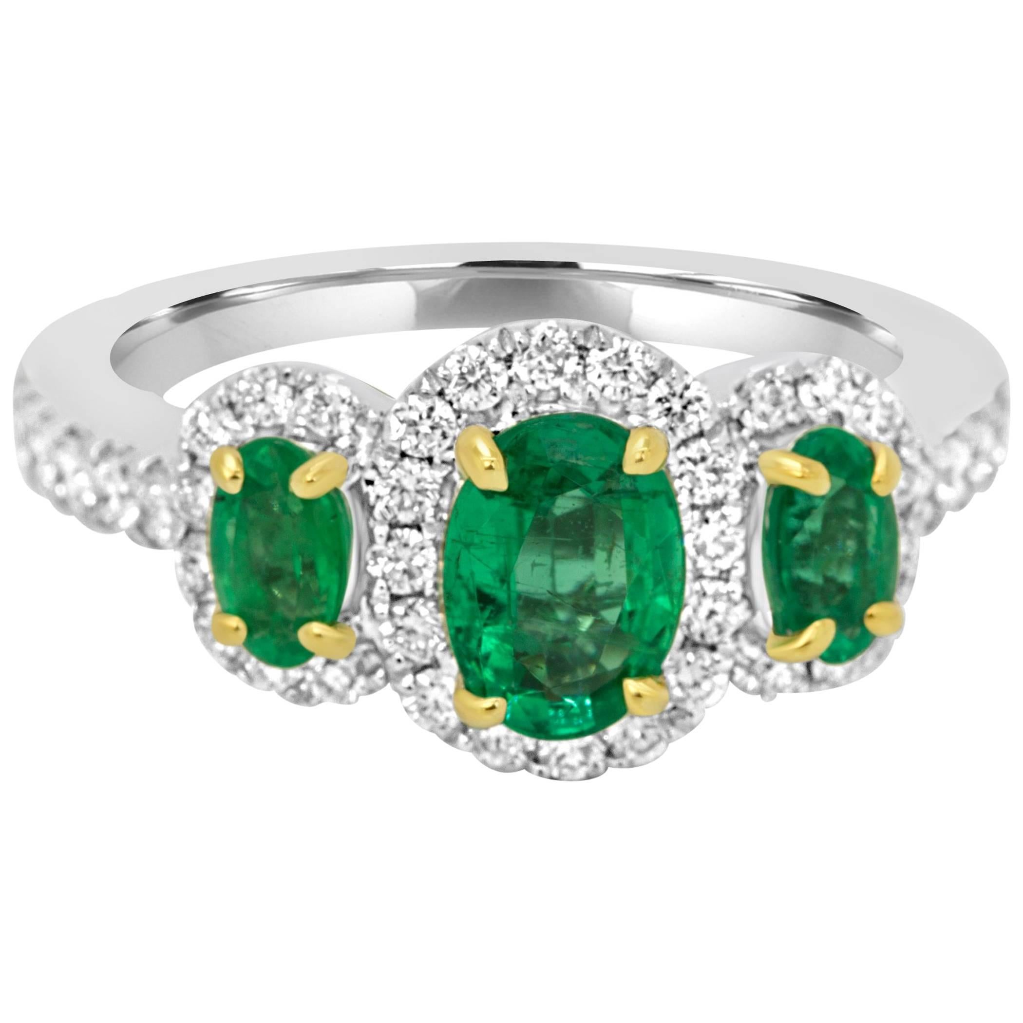 Emerald Diamond Three-Stone Halo Two-Color Gold Fashion Cocktail Ring