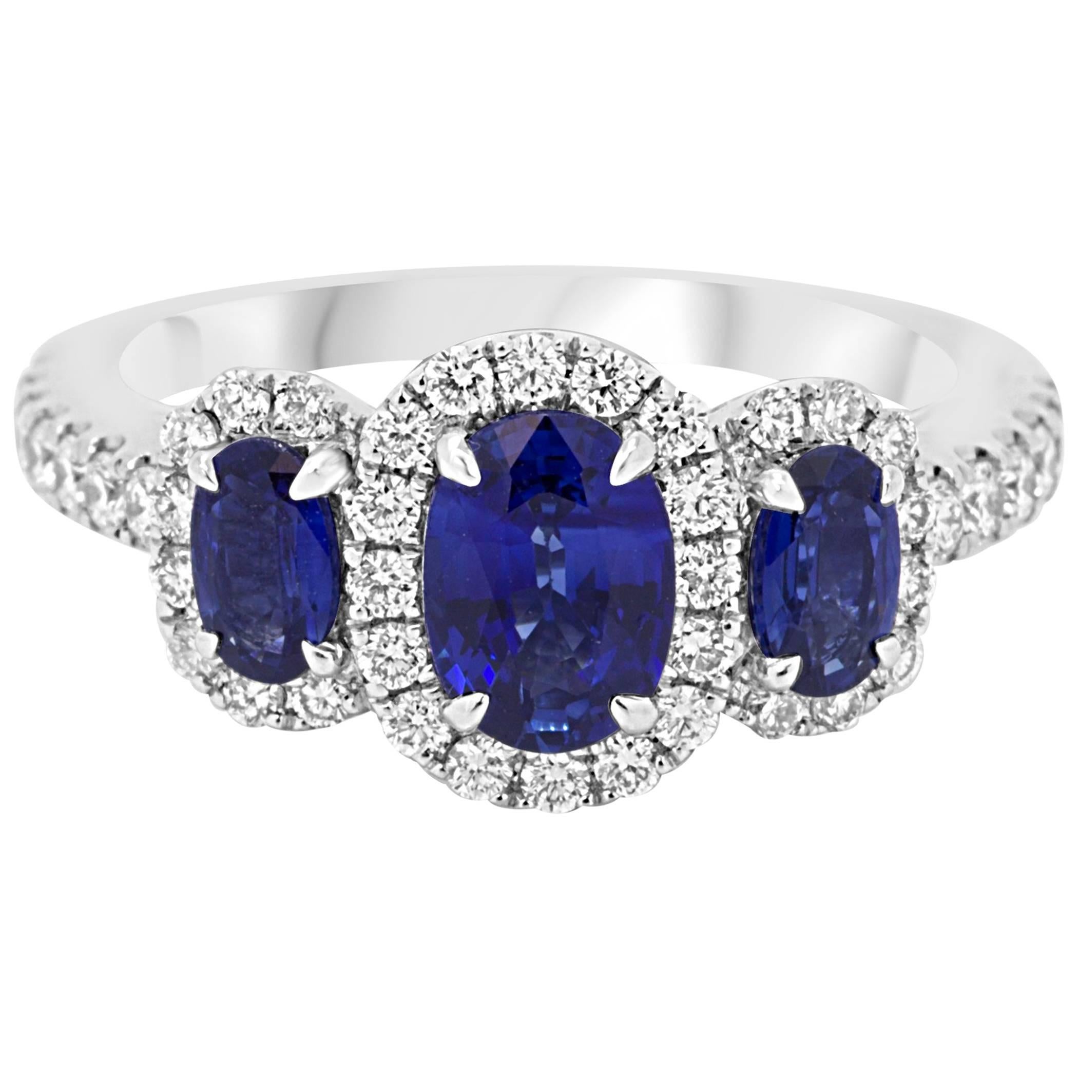 Blue Sapphire Diamond Three-Stone Halo Gold Fashion Cocktail Ring