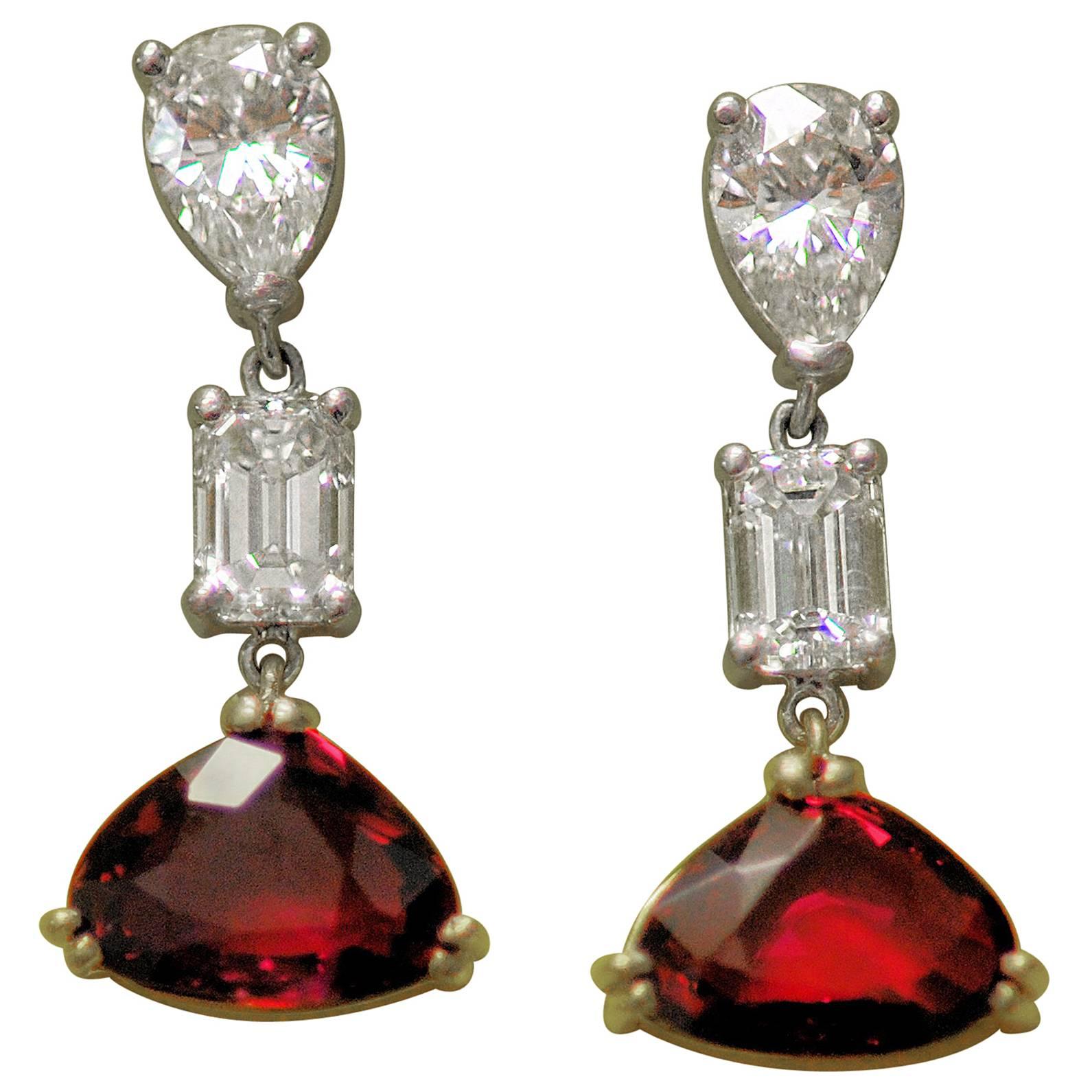Ruby and Diamond Pendant Earrings in Platinum and Gold For Sale