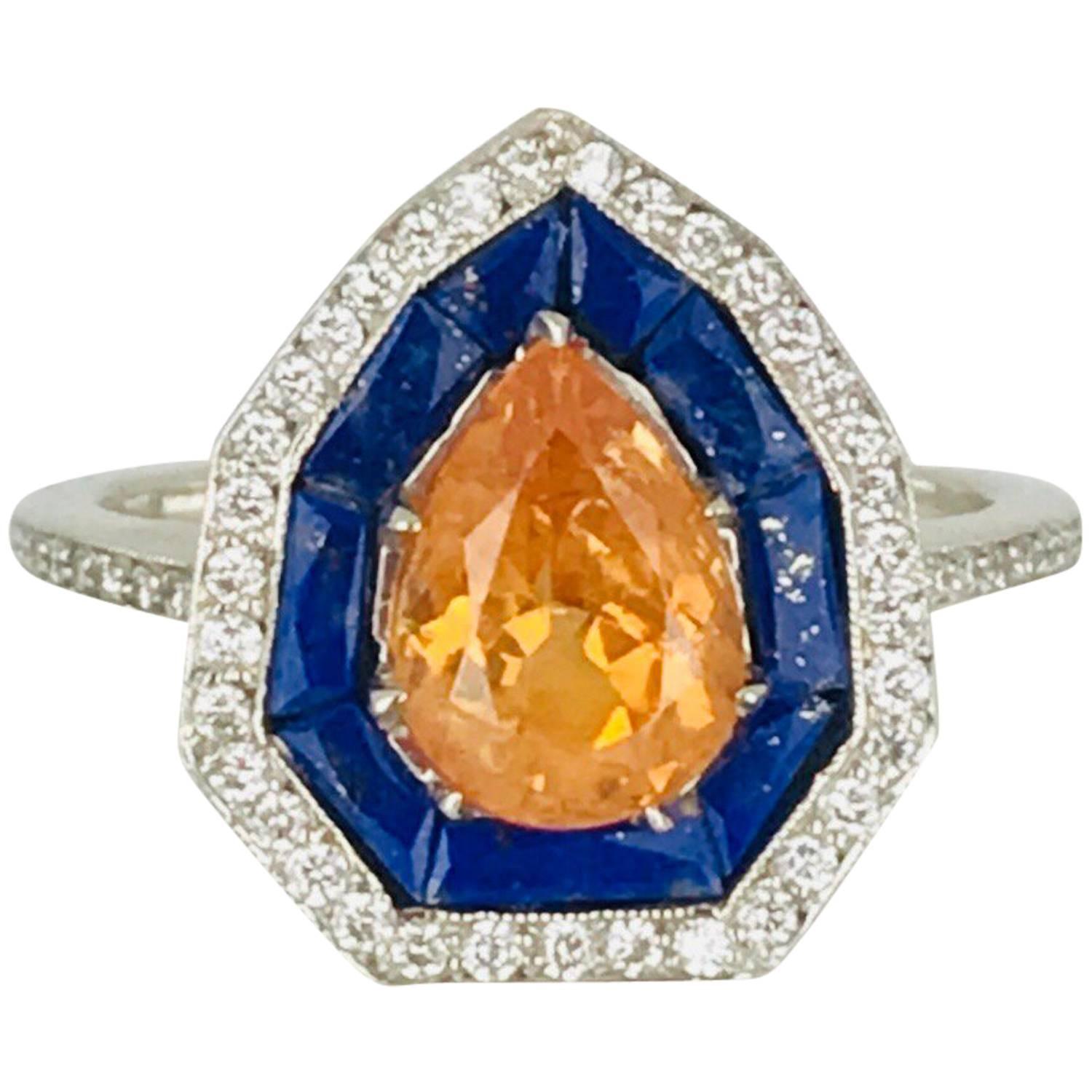 Spessartine Malaia Garnet, Lapis Lazuli, Diamond Halo, Art Deco Ring For Sale