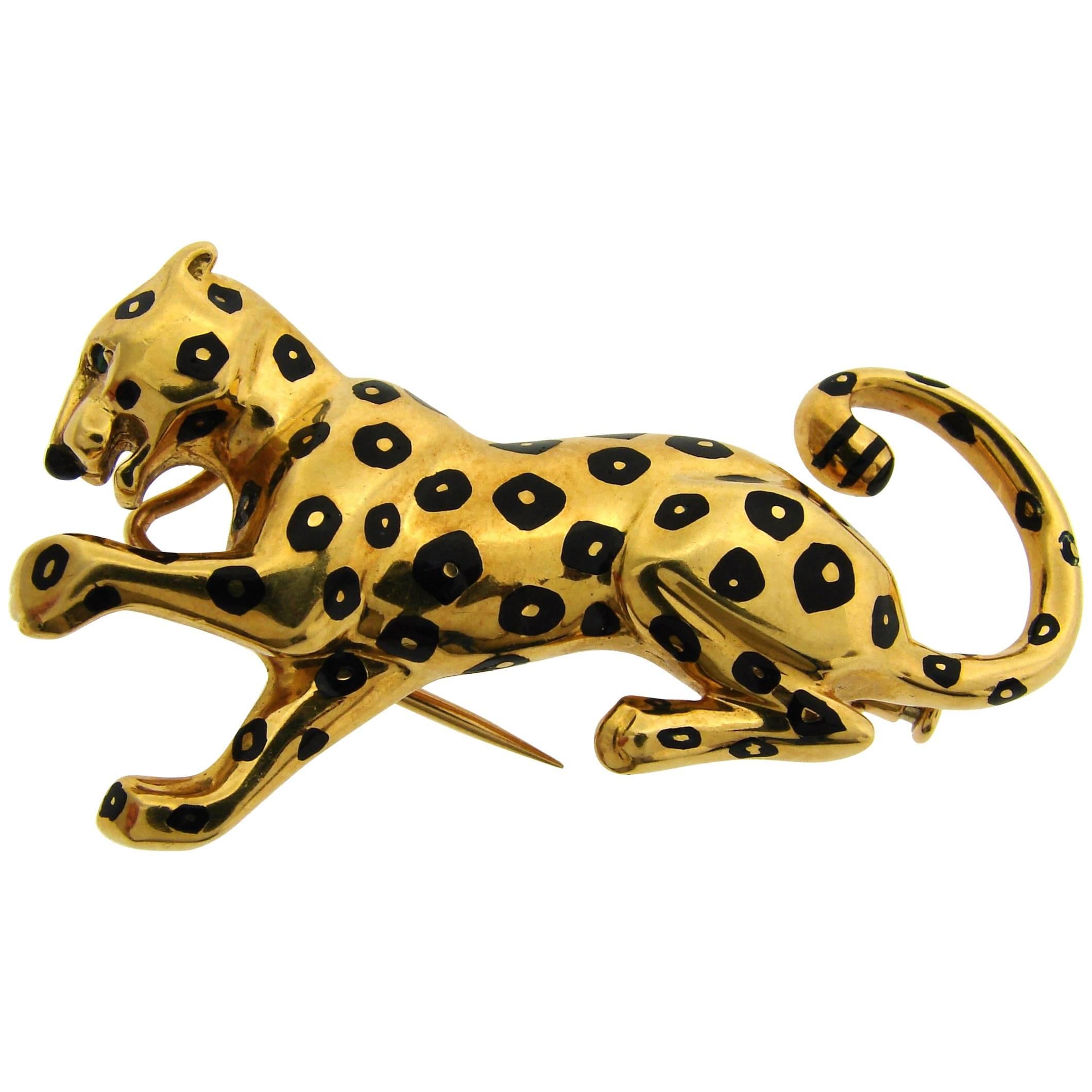 Cartier Panthere Enamel Yellow Gold Pin Brooch Clip