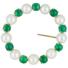 Pearl and Jade Circle Pin, Retro, circa 1965