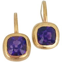 Brazilian Amethyst 7 Carat, Rose Gold Sheppard-Hook Earrings, Cushion circa 2010