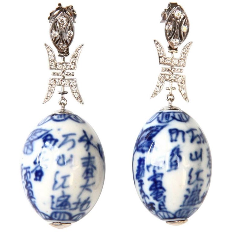 Diamond and Antiques Chinese Ceramic Gold Earrings at 1stdibs