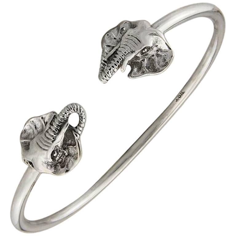 Solid Sterling Silver Elephant Bangle For Sale