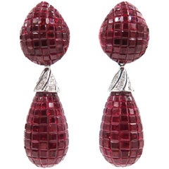 Invisible Set Ruby and Diamond Drop Earrings