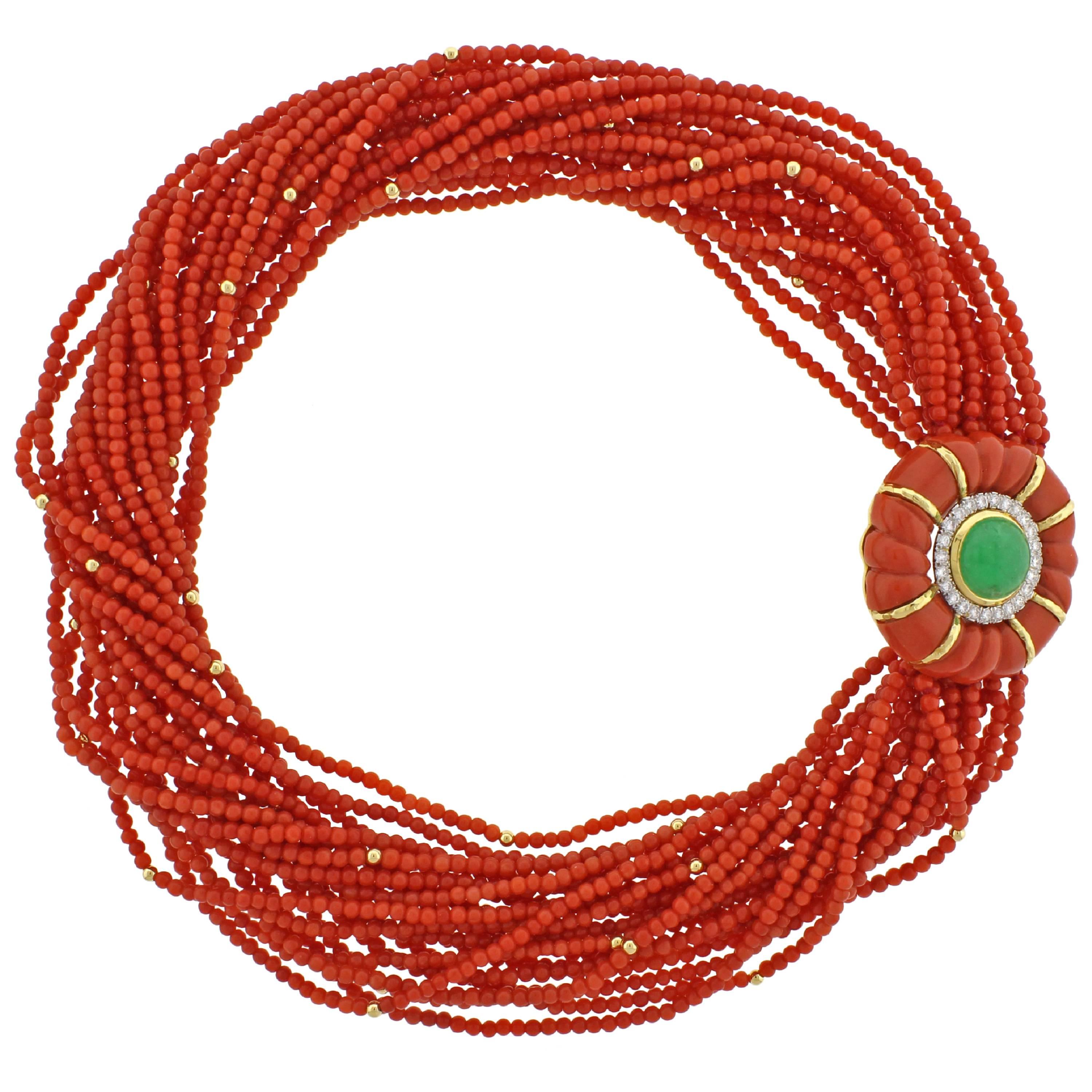  David Webb Coral Torsade Diamond and Emerald Necklace