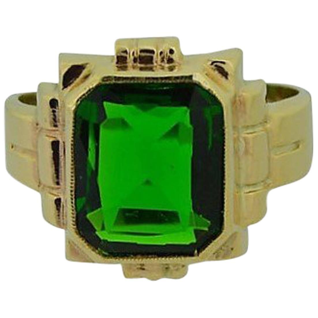 Solid Gold Hand Constructed Art Deco Ring Set with Synthetic Emerald