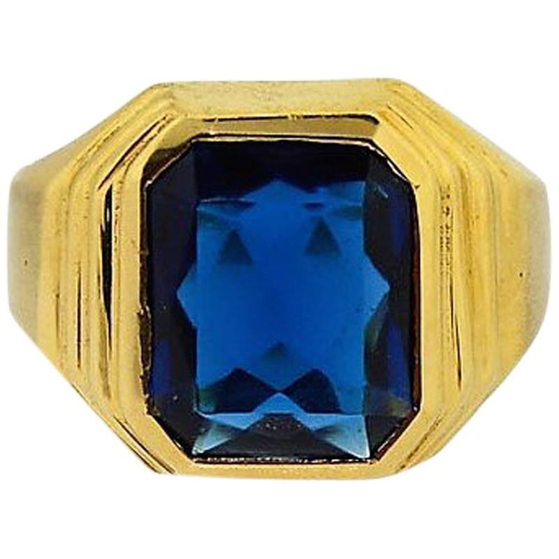 Solid Gold Art Deco Signet Style Sapphire Ring Hand Constructed