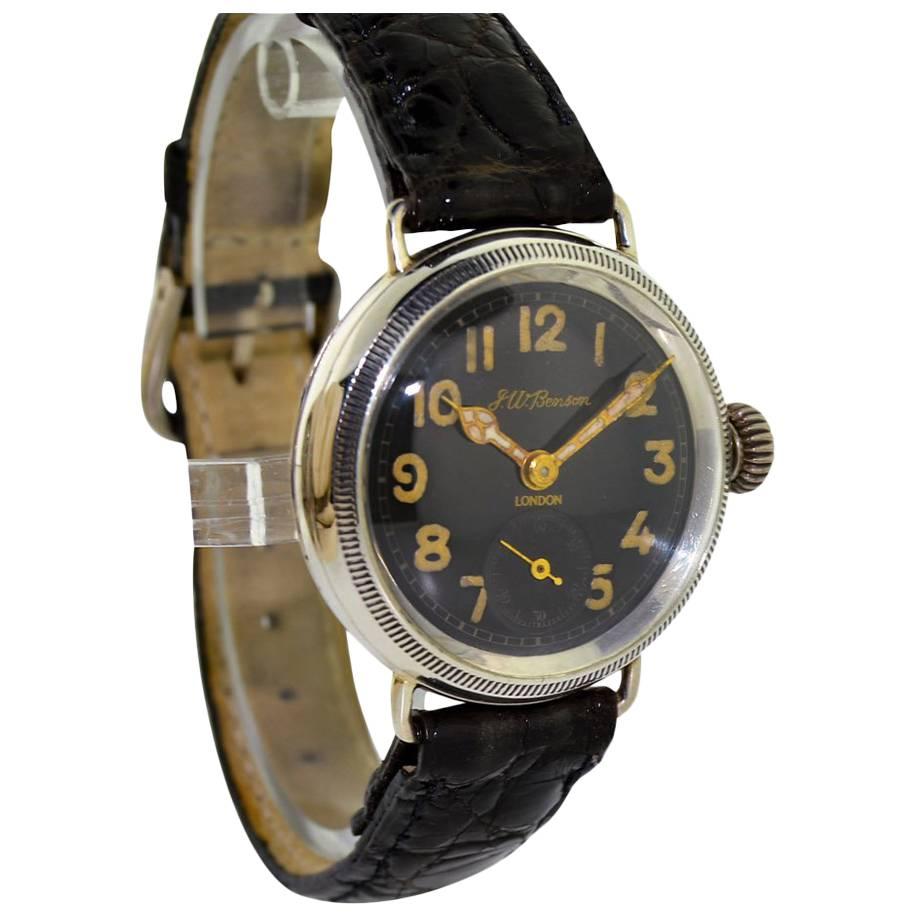 J.W. Benson Sterling Silver Campaign Style Black Enamel Dial Manual Watch