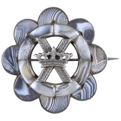 Antique Victorian Scottish Brooch Agate Silver St Andrews Cross, circa 1860