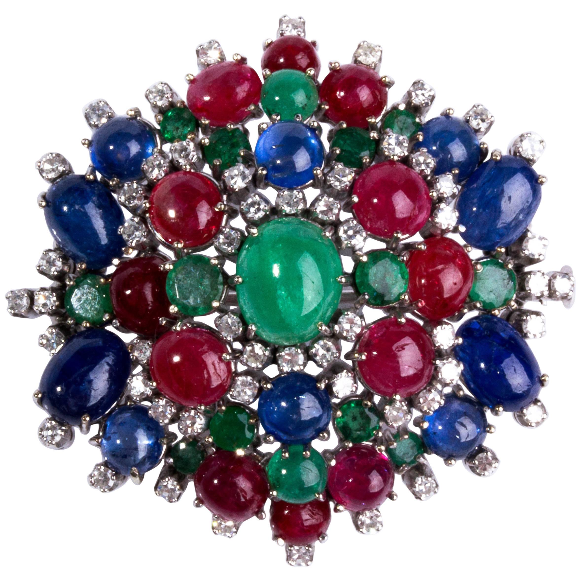 Emerald, Sapphire Ruby and Diamond Brooch For Sale