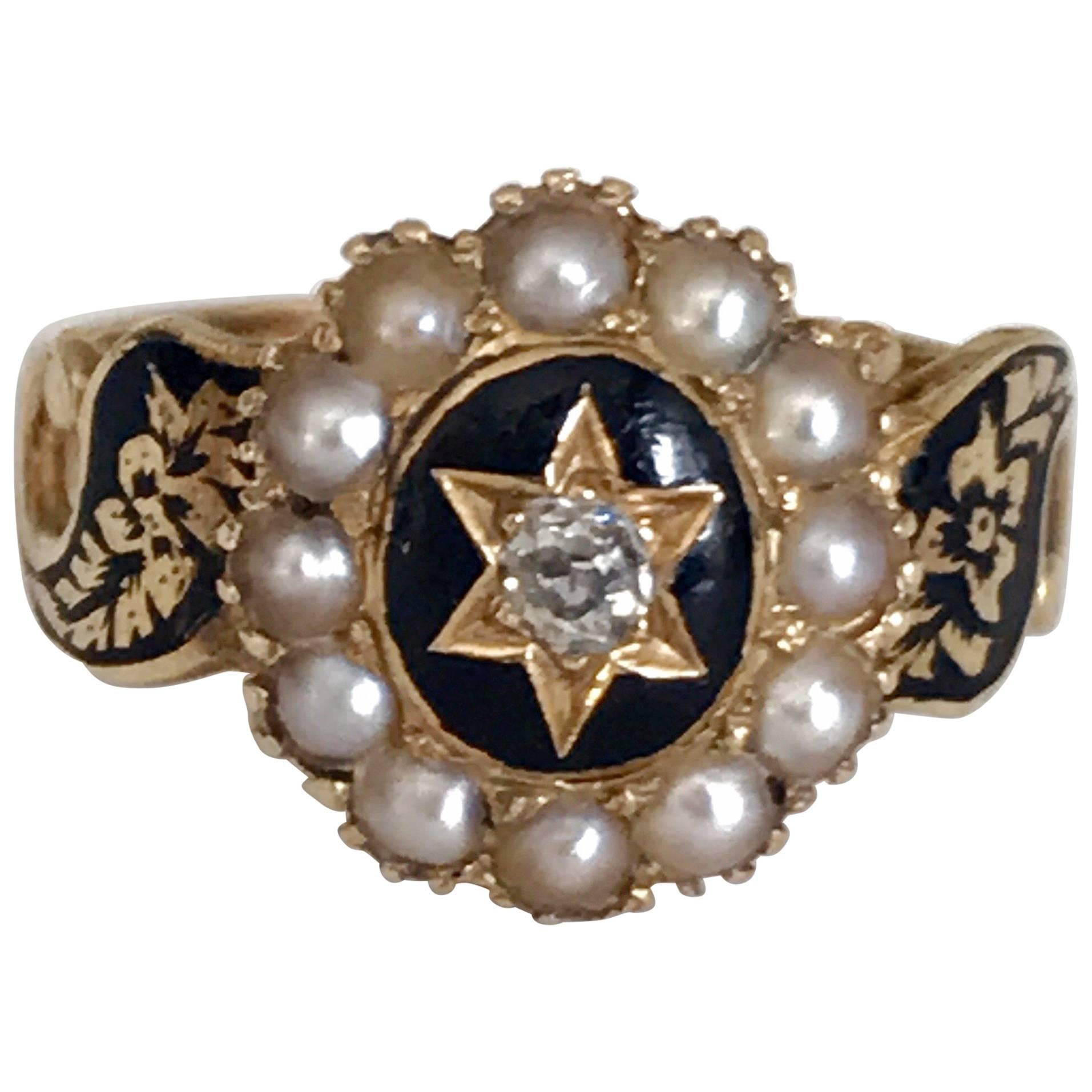 Victorian Black Enamel Pearl Diamond Memorial Ring For Sale