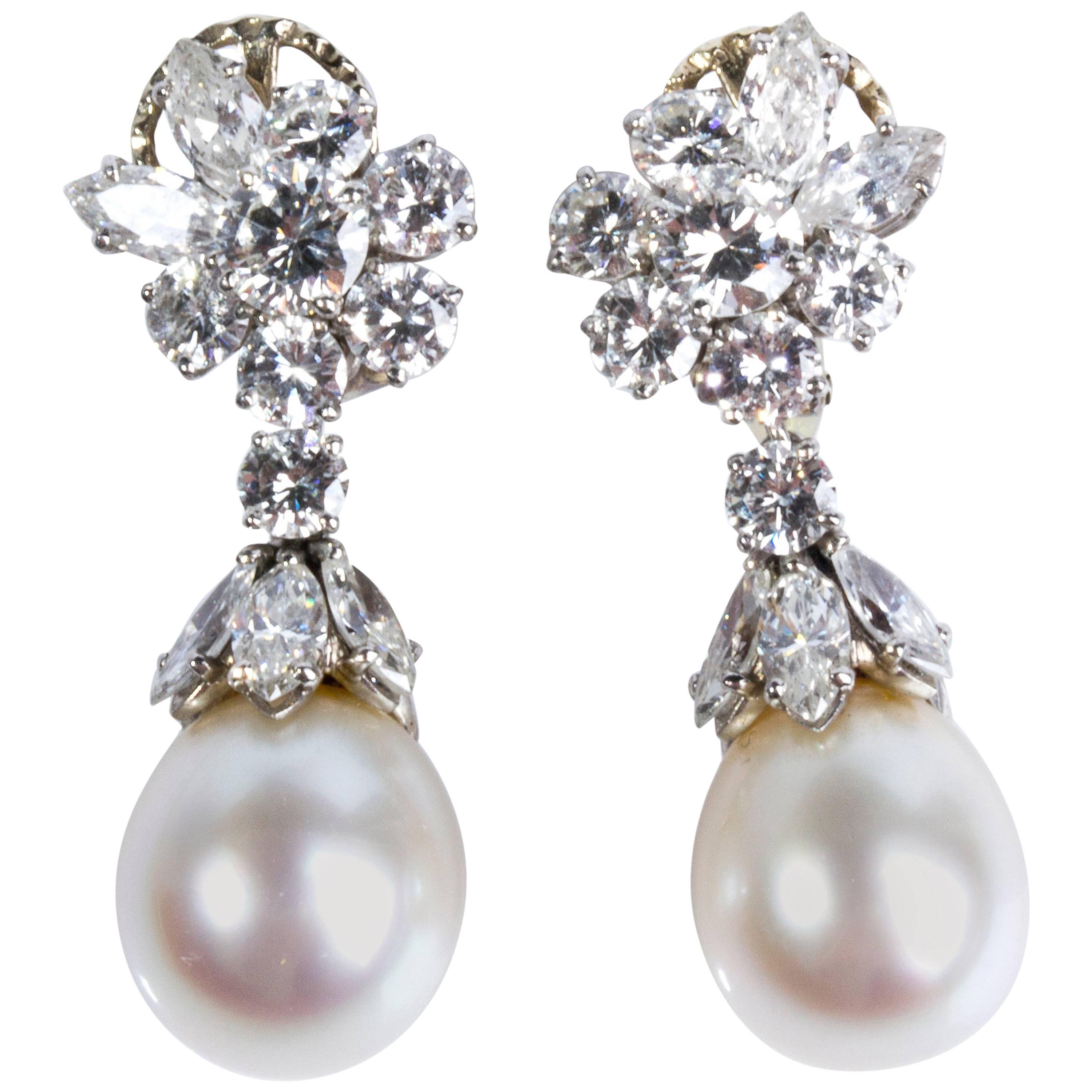 Pair of Pearl and Diamond Earrings For Sale