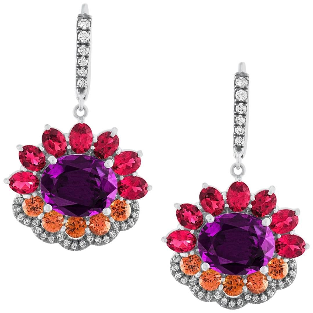 Pantone18  Ultra Violet Garnet  Red Spinels Orange Sapphires 18 K Gold Earrings For Sale