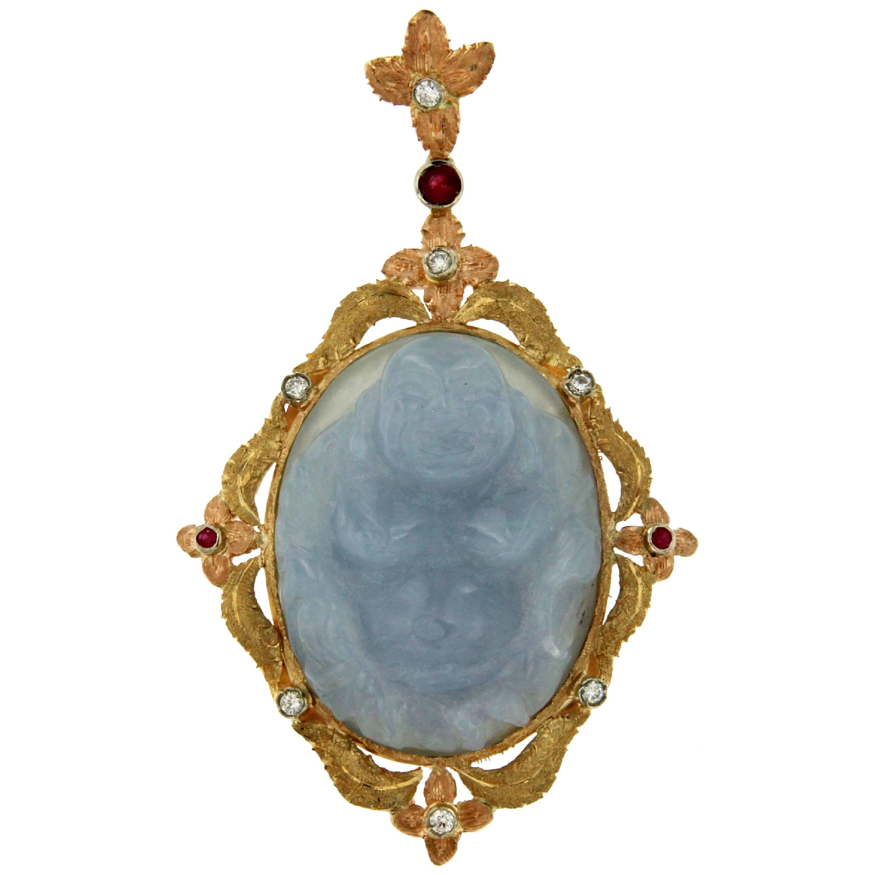 Vintage Chalcedony Buddha Diamond Ruby Two-Color Gold Pendant