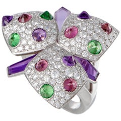 Cartier Tsavorite, Pink Tourmaline, Amethyst and Diamond Gold Flower Ring