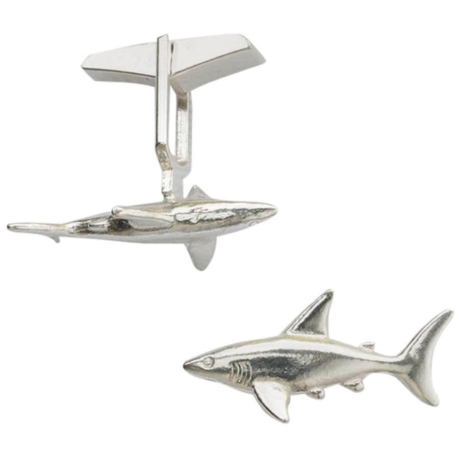  Shark Cufflinks in Solid Sterling Silver. For Sale