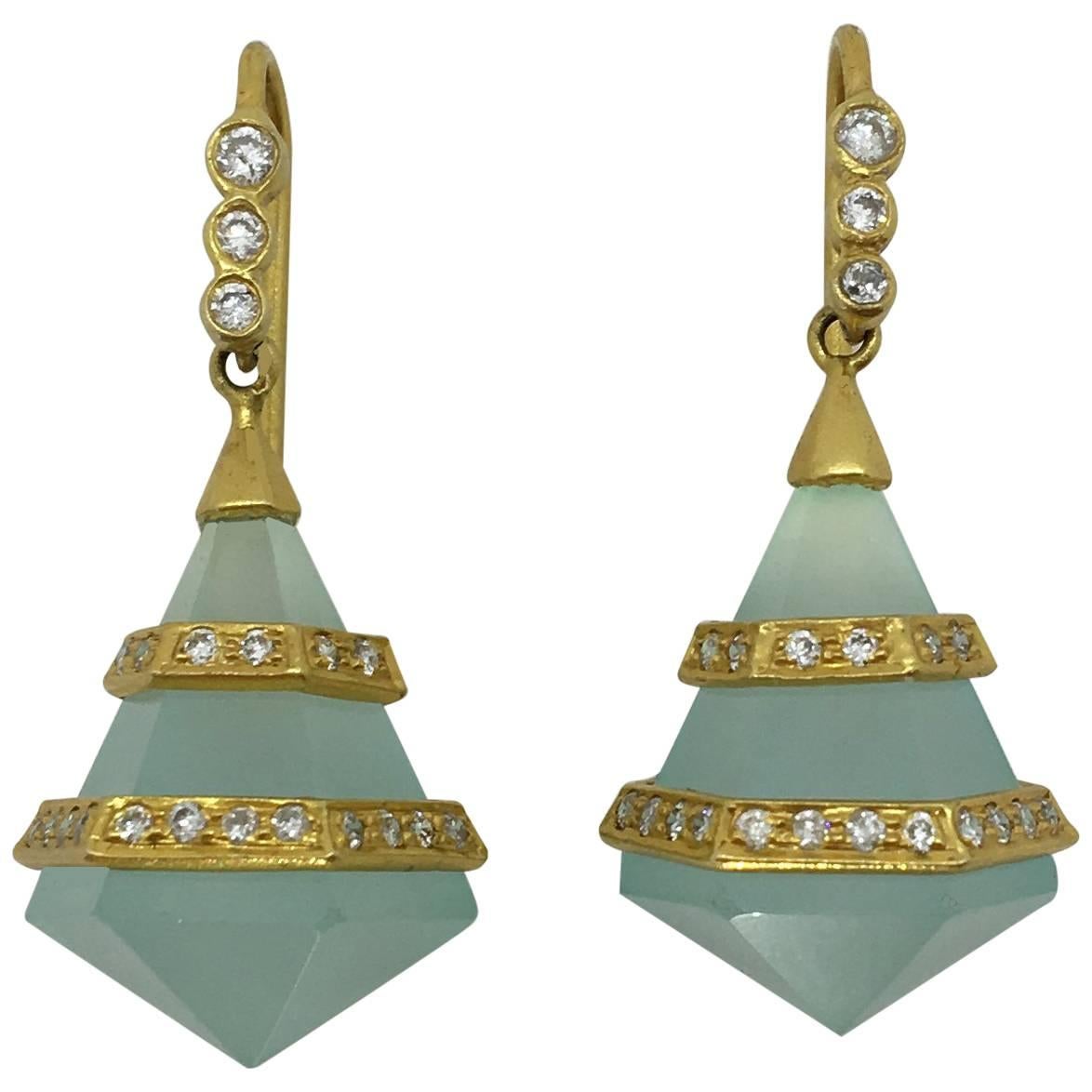 Lauren Harper Chalcedony Diamonds 18 Karat Yellow Gold Earrings For Sale