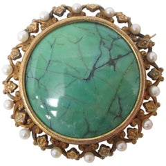Victorian Natural Pearl Turquoise Gold Pin Pendant Watch Holder
