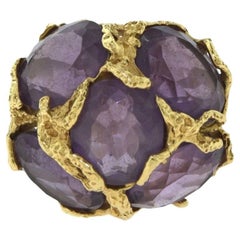 Vintage Very Large Five Stone Amethyst Cluster Cocktail Yellow Gold Ring