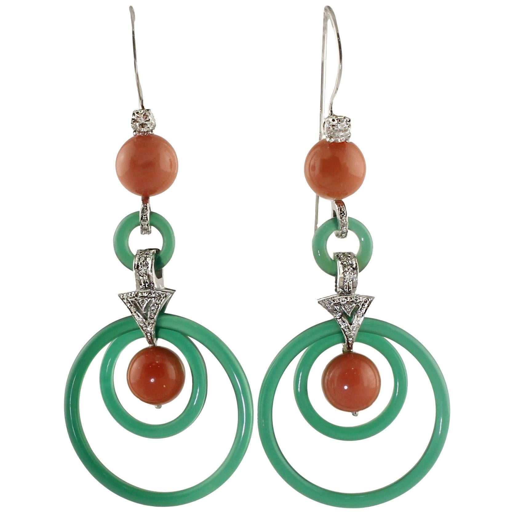 Green Agate, Red Coral Sphetres, Diamonds, 14K White Gold Earrings For Sale