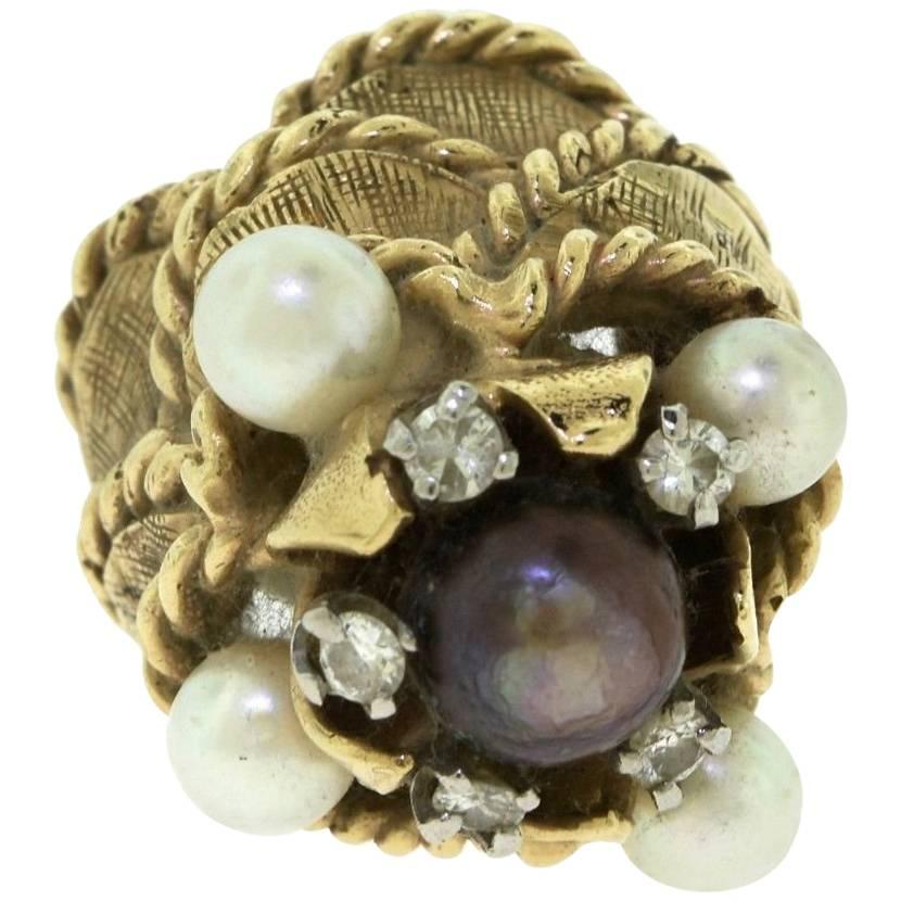Large Tahitian and South Sea Pearl Cocktail Cluster Gold Ring with Diamonds For Sale