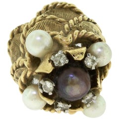 Large Tahitian and South Sea Pearl Cocktail Cluster Gold Ring with Diamonds