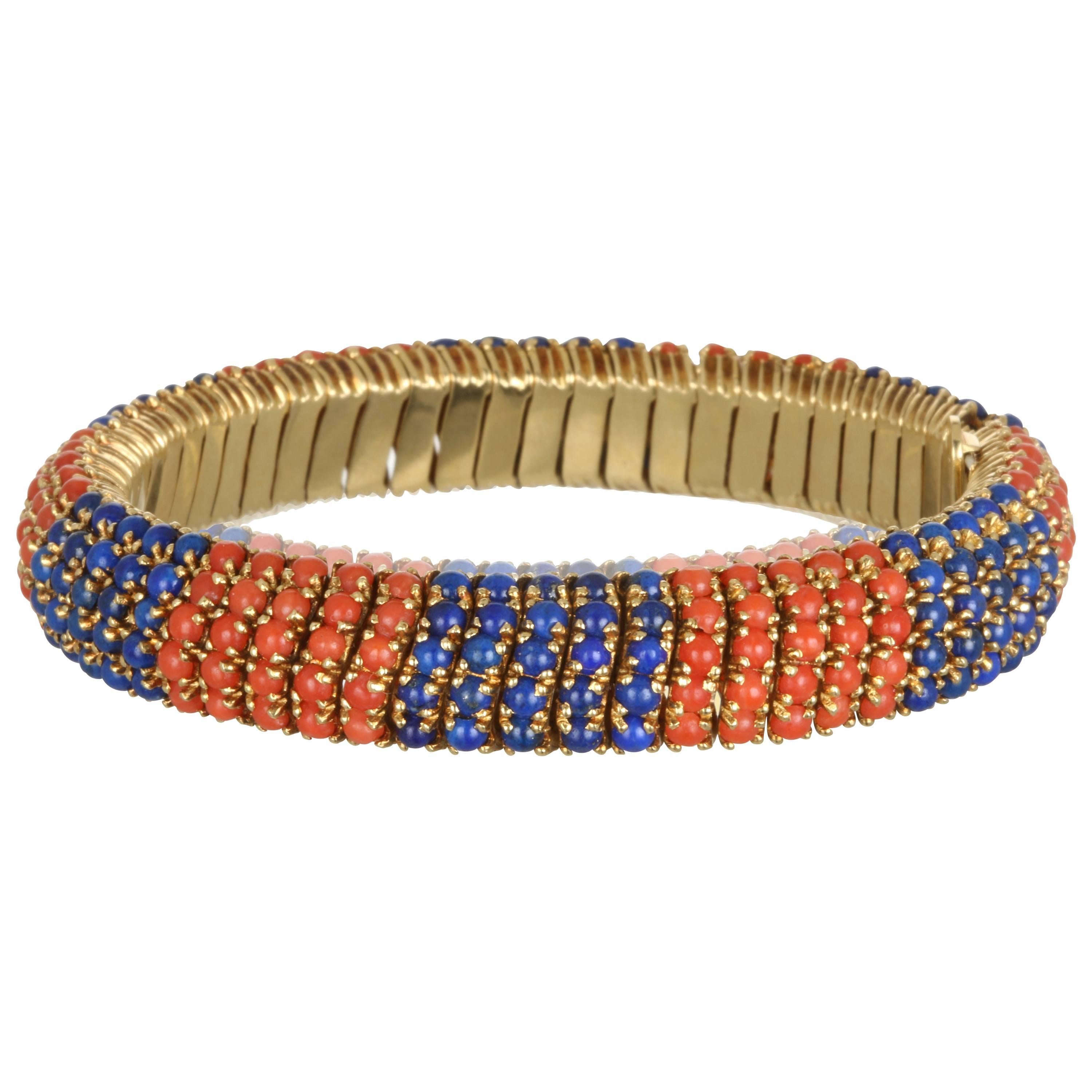 Vintage 18k Gold Flexible Coral and Lapis Bracelet