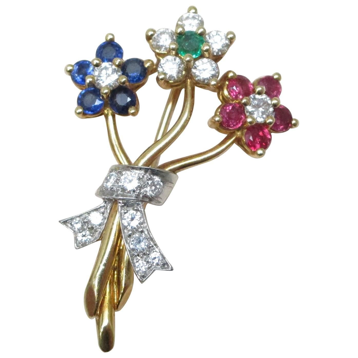 Diamond Ruby Sapphire Emerald Gold Brooch