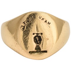 Antique Victorian "Hand & Dagger" Gold Signet Ring "Manu Forti"
