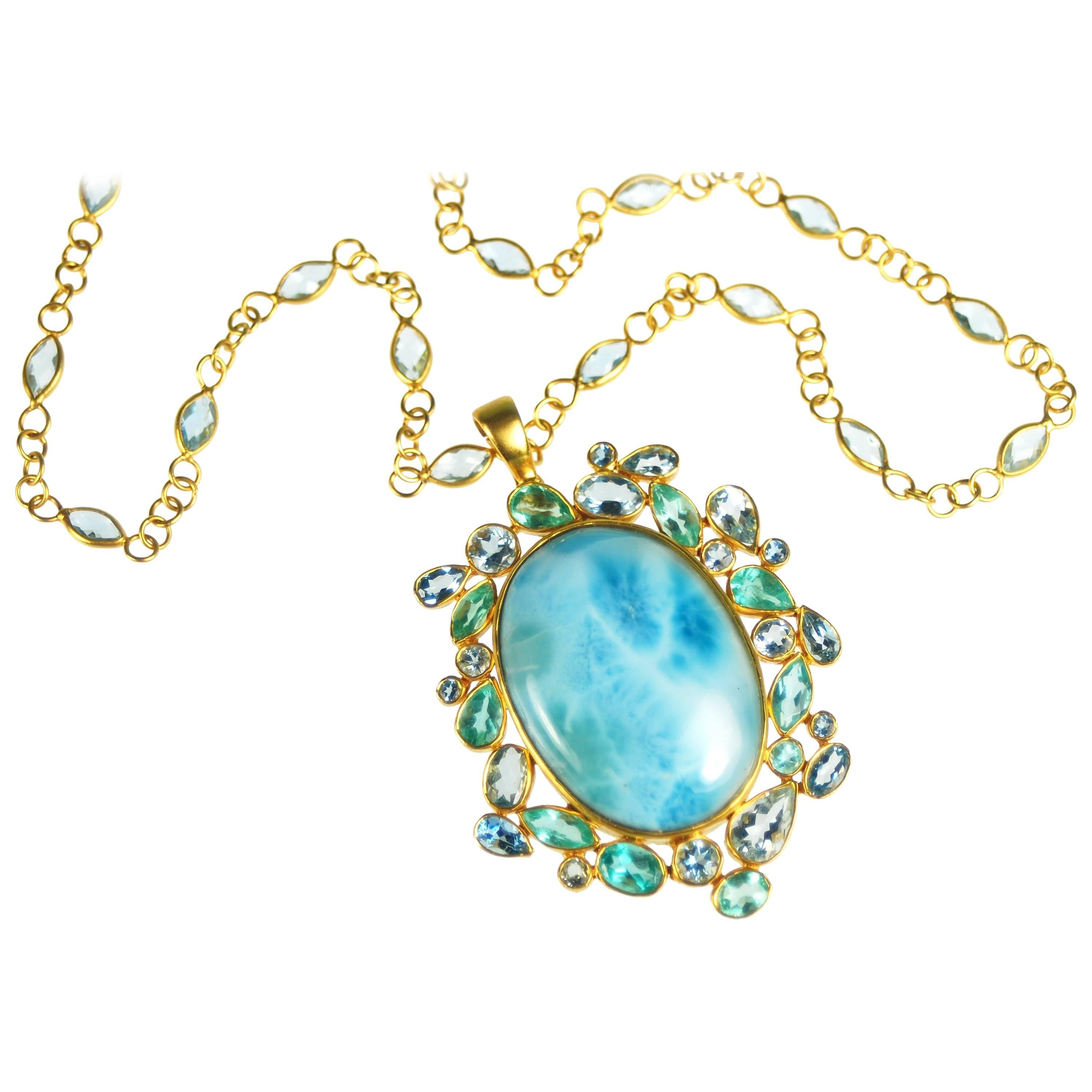 Lauren Harper Larimar Aquamarine Apatite 18 Karat Gold Gemstone Necklace For Sale