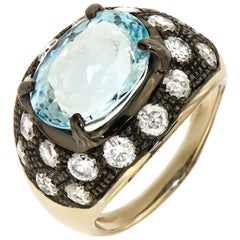 Aquamarine Ice Diamonds 18 Karat White Gold Cocktail Ring Handcrafted in Italy