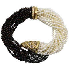 Black and White Cultured Pearl and Diamond Torsade Bracelet