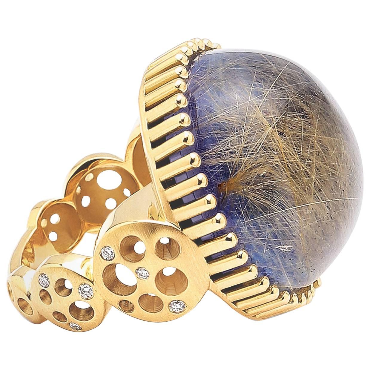 Round Rutilated Quartz over Lapis Lazuli Doublet Cocktail Ring For Sale