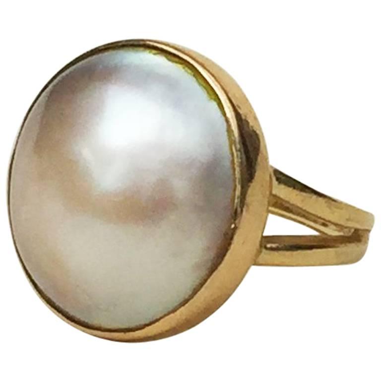 Pearl and 14 Karat Yellow Gold Pinky Ring (Size 4)  by Marina J