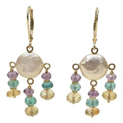 White Pearl Earrings with Amethyst, Topaz, Citrine and 14 Karat Gold by Marina J