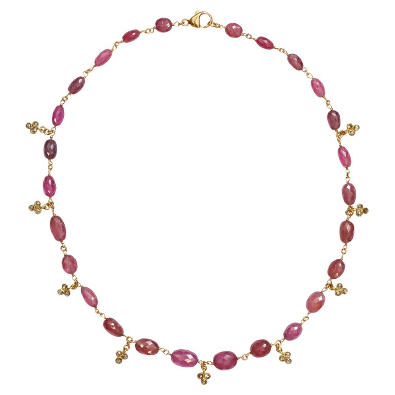 Pink Sapphire Faceted Bead and Diamond Necklace For Sale
