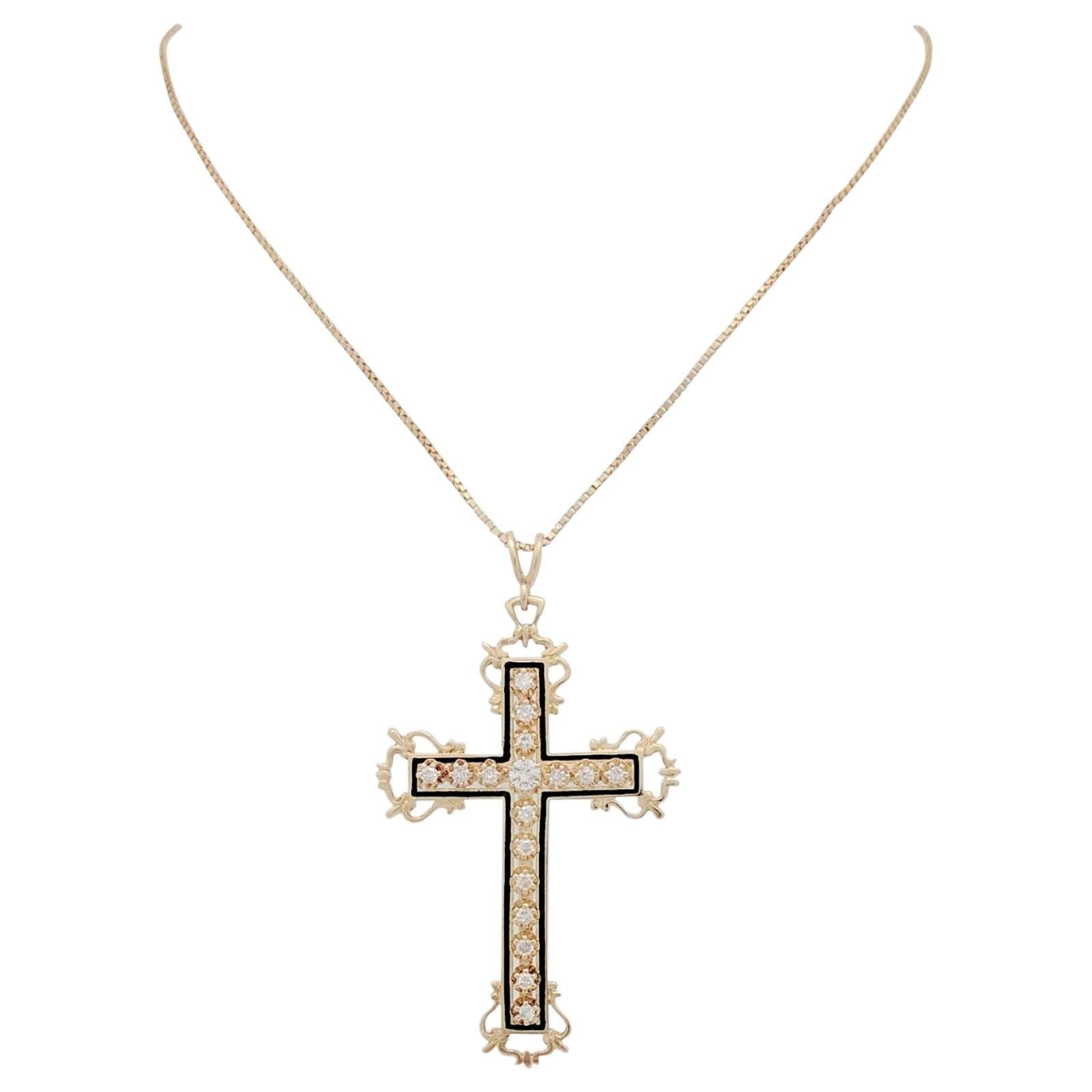 14 Karat Yellow Gold Diamond Cross Pendant Necklace For Sale