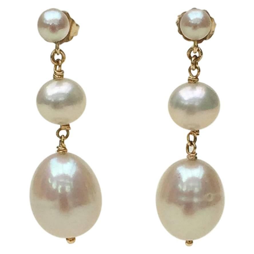 Triple White Pearl Earrings with 14 Karat Gold by Marina J
