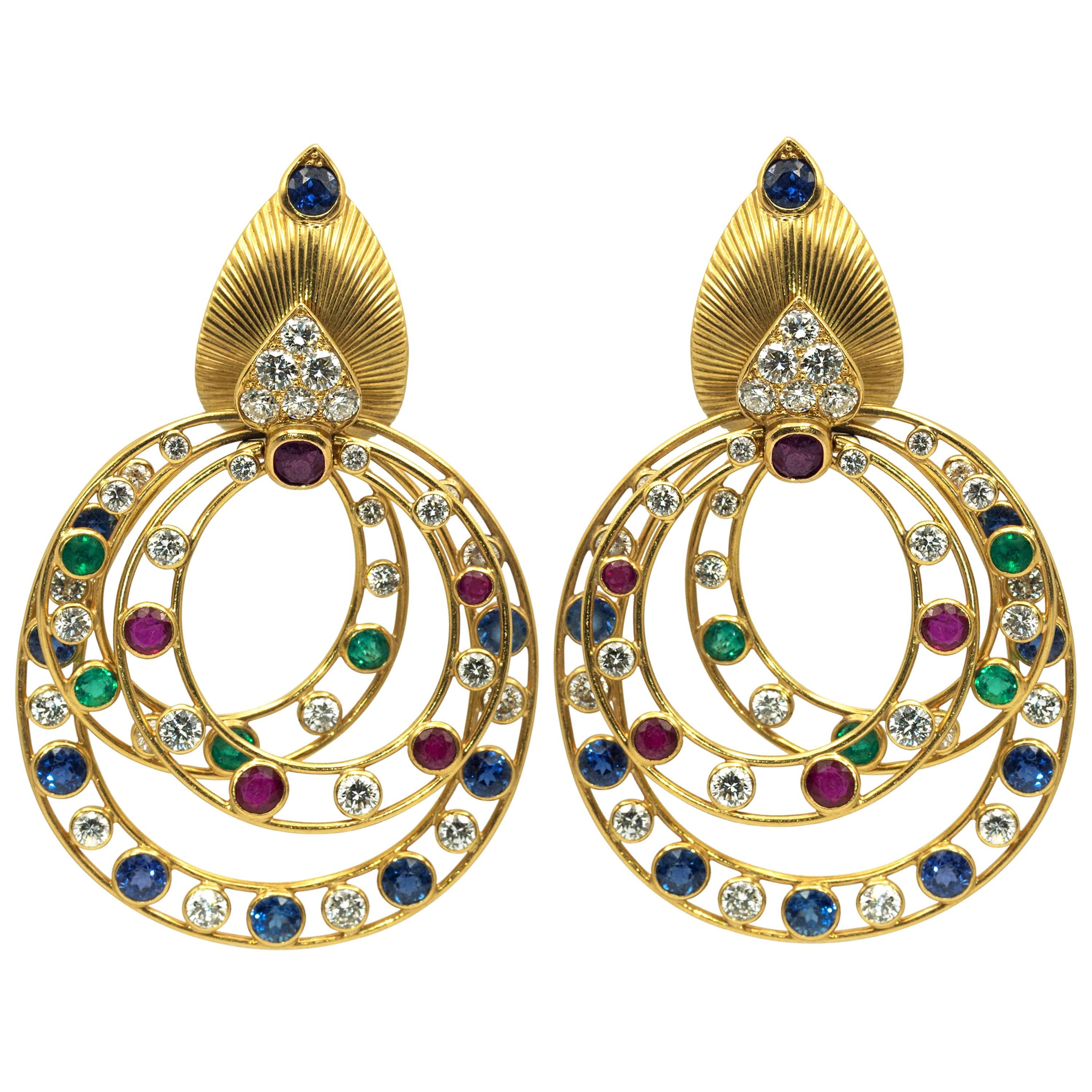 Cartier Earrings 1950 Yellow Gold Diamonds, Ruby, Sapphire and Emeralds