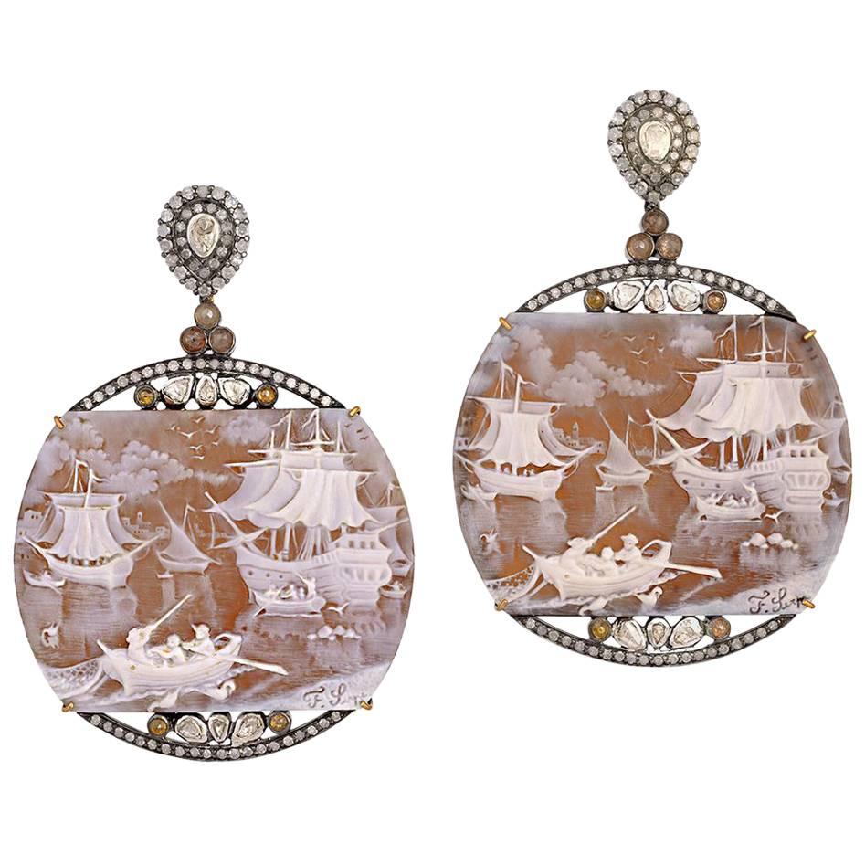 Hand-Carved Shell Cameo Earring with Diamonds
